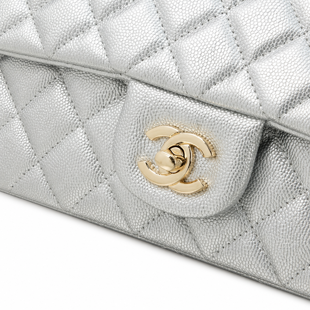 Chanel Mirror Silver Quilted Classic Flap | Top Handle & Back Exterior Pocket — 25cm