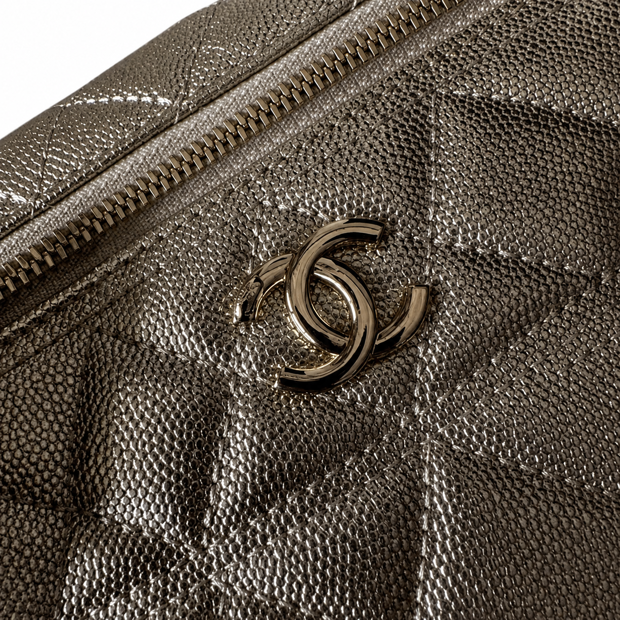 Chanel Gold Metallic Quilted Vanity Box Bag | Top Handle & Long Gold Chain