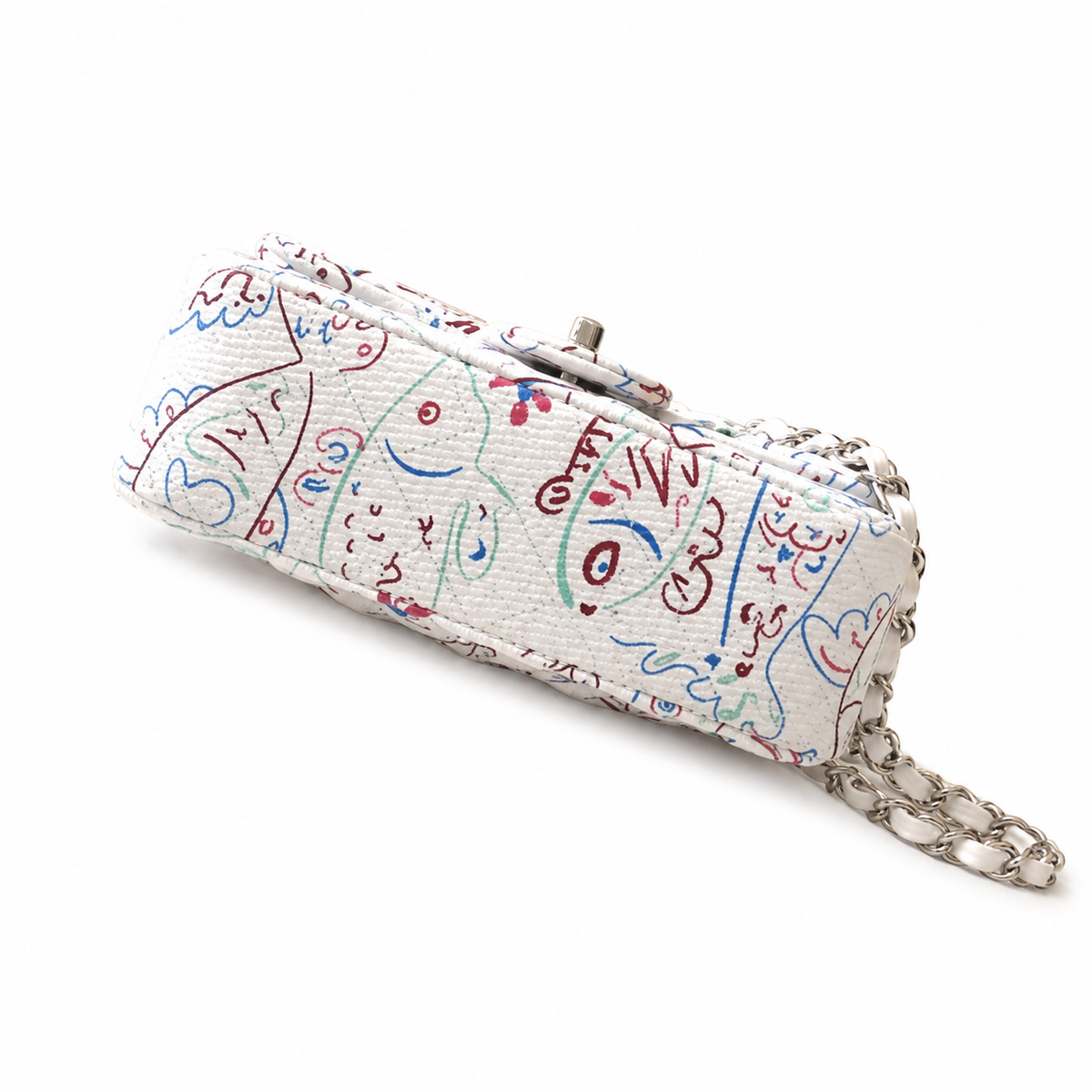 Chanel Mini Rectangular Flap Bag | Graffiti Art Print Silver CC White — 20cm