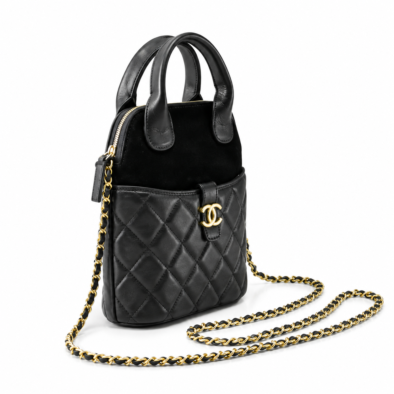Chanel Black Quilted Lambskin Mini Bucket Bag | Double-Pull Gold Zipper, Dual Compartment & D-Ring Top Handle