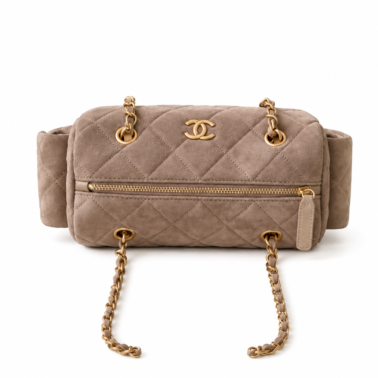 Chanel Warm Taupe Suede Quilted Camera Bag | Full-Length Gold Zipper, Dual Side Pockets & Double Chain