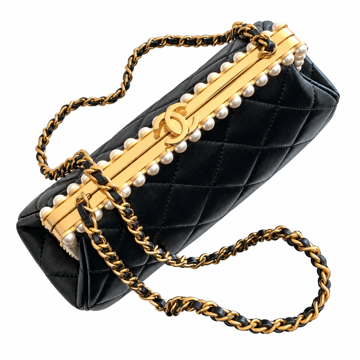 Chanel Pearl Frame Quilted Clutch Black 10×20×7cm