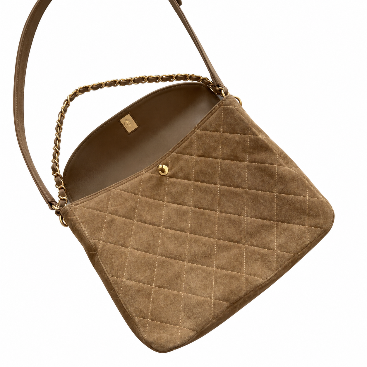 Chanel Quilted Suede CC Turn-Lock Flap Bag Khaki 30×25×7cm