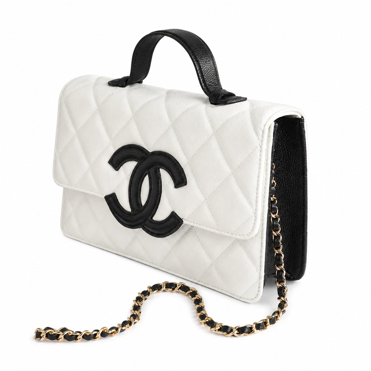 Chanel CC Quilted Box Bag | White & Black Top Handle — 24cm