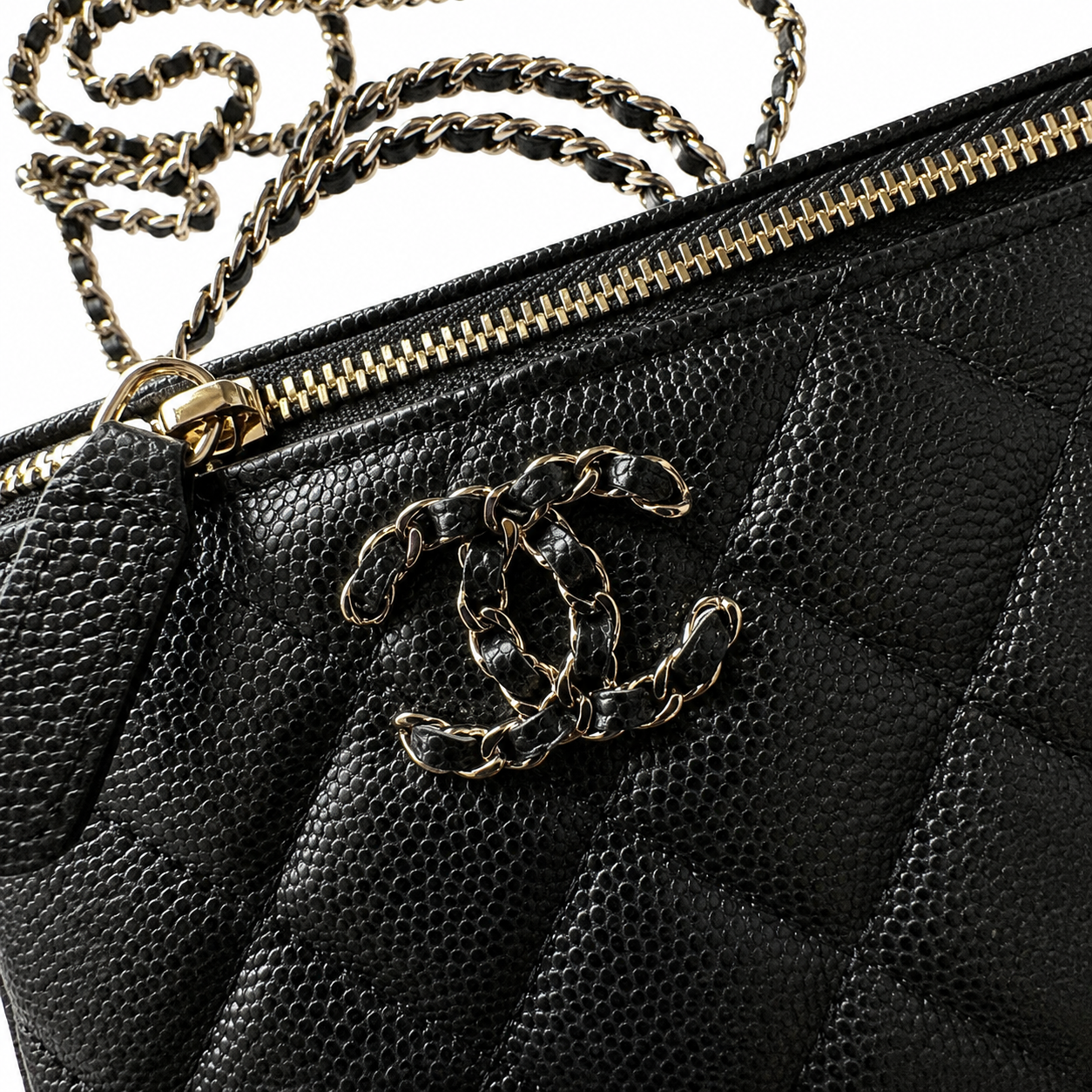 Chanel Black Diagonal Quilted Caviar Vanity Box Bag | Chain Top Handle & Silver Chain
