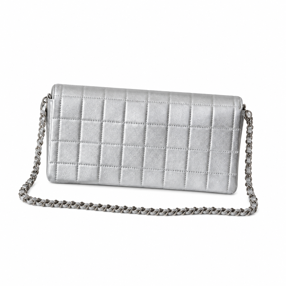 Chanel Metallic Square Quilted East West Flap Bag Silver 26cm