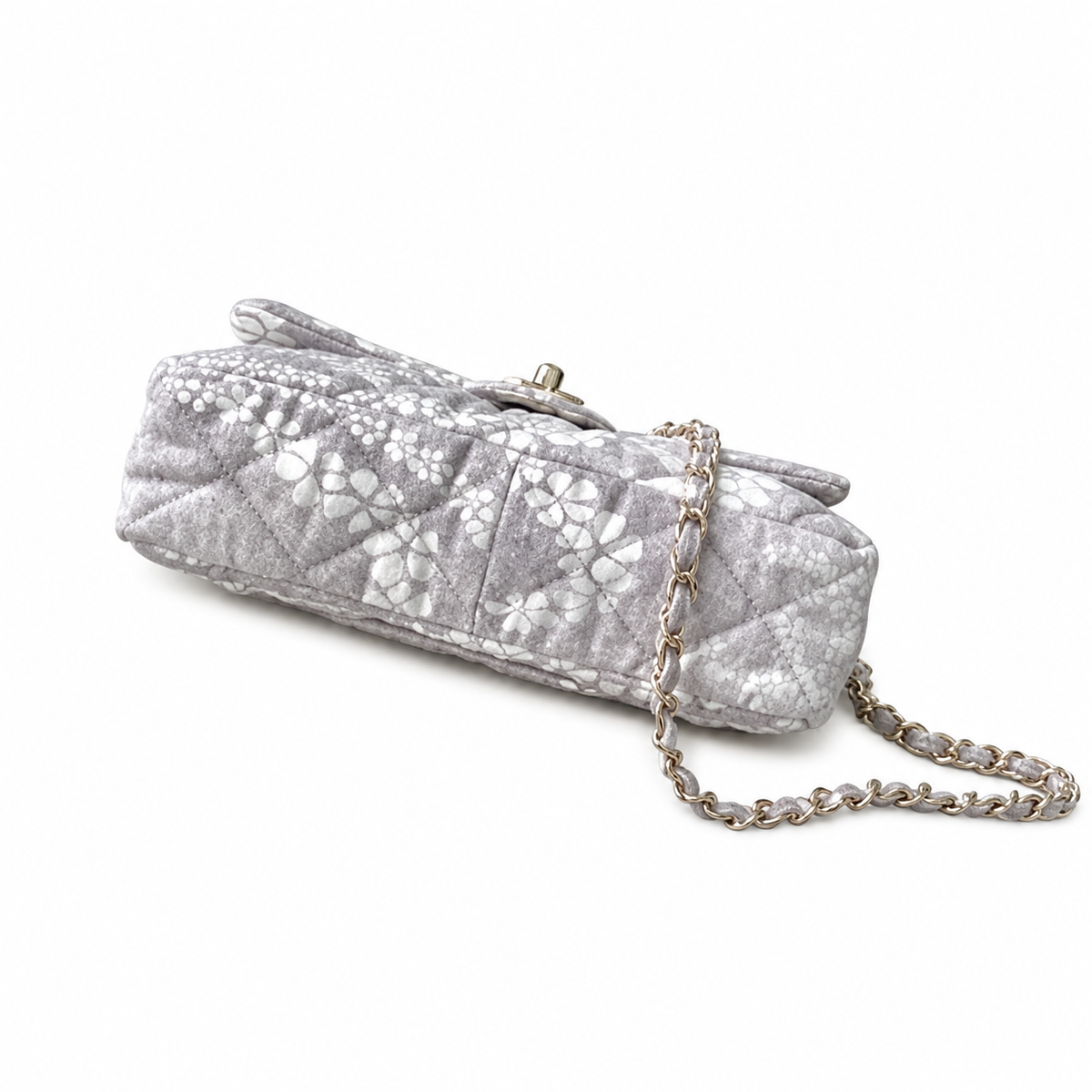 Chanel Grey & White Floral Lurex Twill Jacquard Small Classic Flap Bag | Champagne Gold CC Turn-Lock & Grey-White Leather Chain