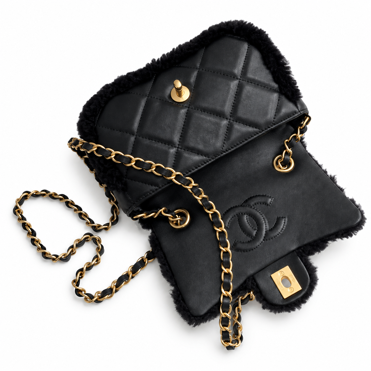 Chanel Shearling Quilted Flap Bag | Gold Leather Chain Black — 12x18cm