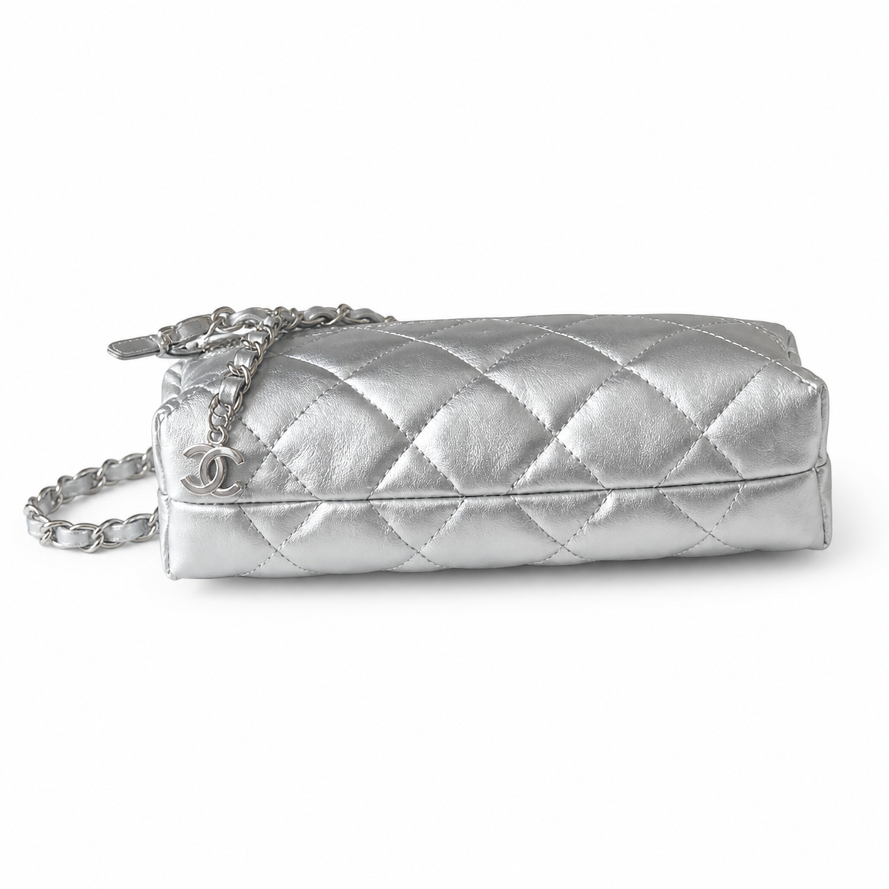 Chanel Silver Metallic Quilted Hobo | Tonal CC & Draped All-Chain Strap — 26cm