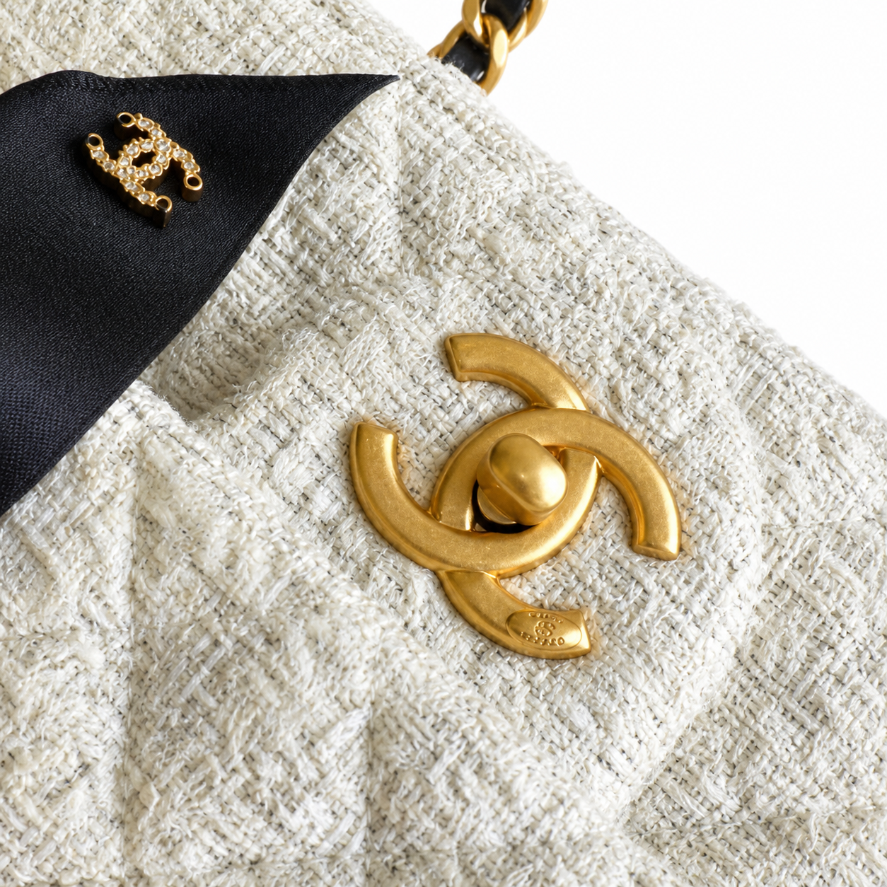 Chanel Quilted Flap Bag White Sparkle Tweed | Black Satin Bow & Gold Chain — 20cm