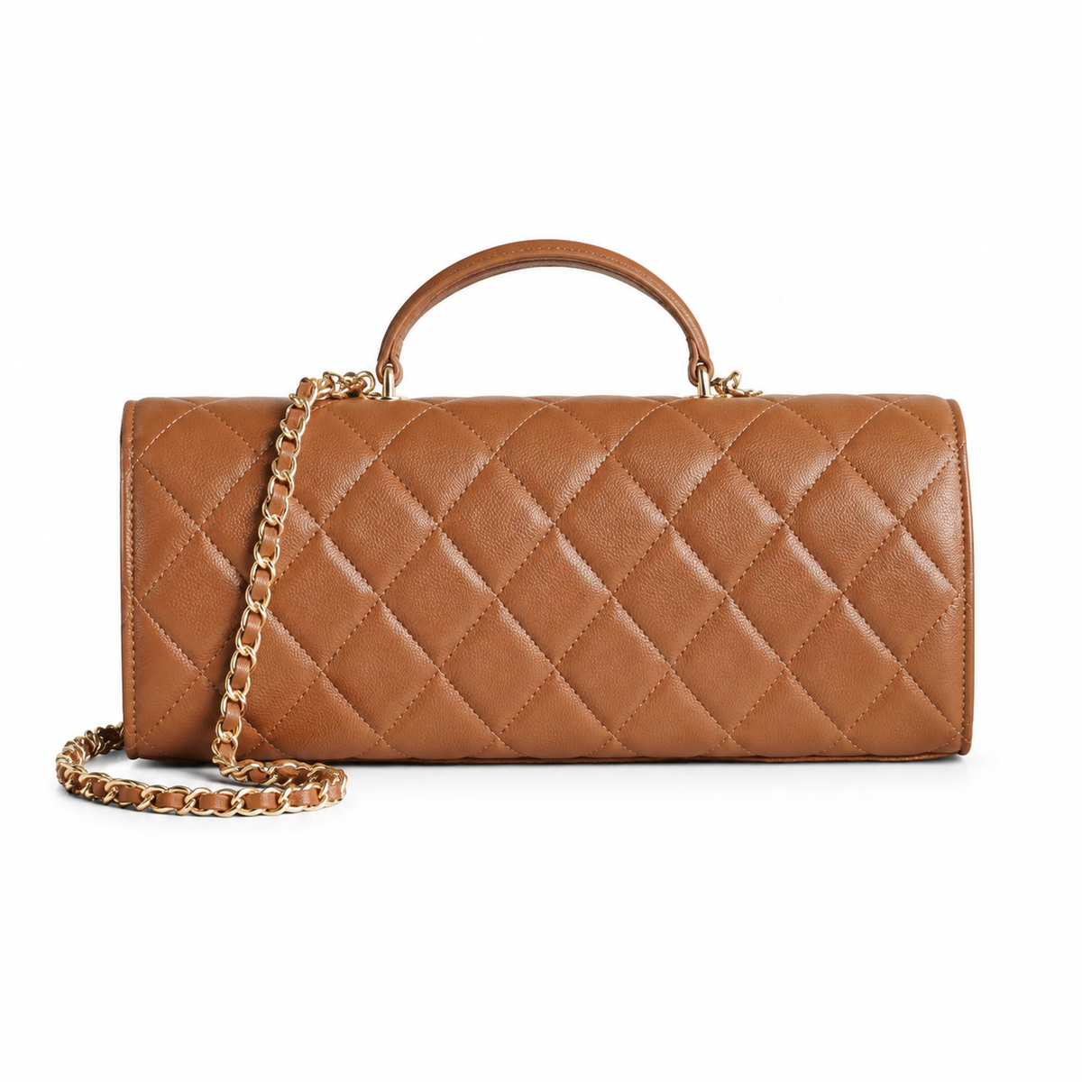 Chanel Caramel Lambskin Large-Quilted Elongated Flap Bag | Top Handle & Tonal Gold Chain