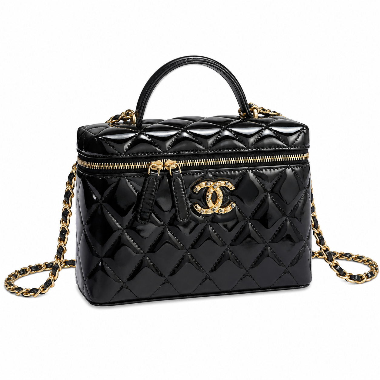 Chanel Pearl & Camellia CC Vanity Pouch Black Patent | Jewelled Gold CC & Chain — 19cm