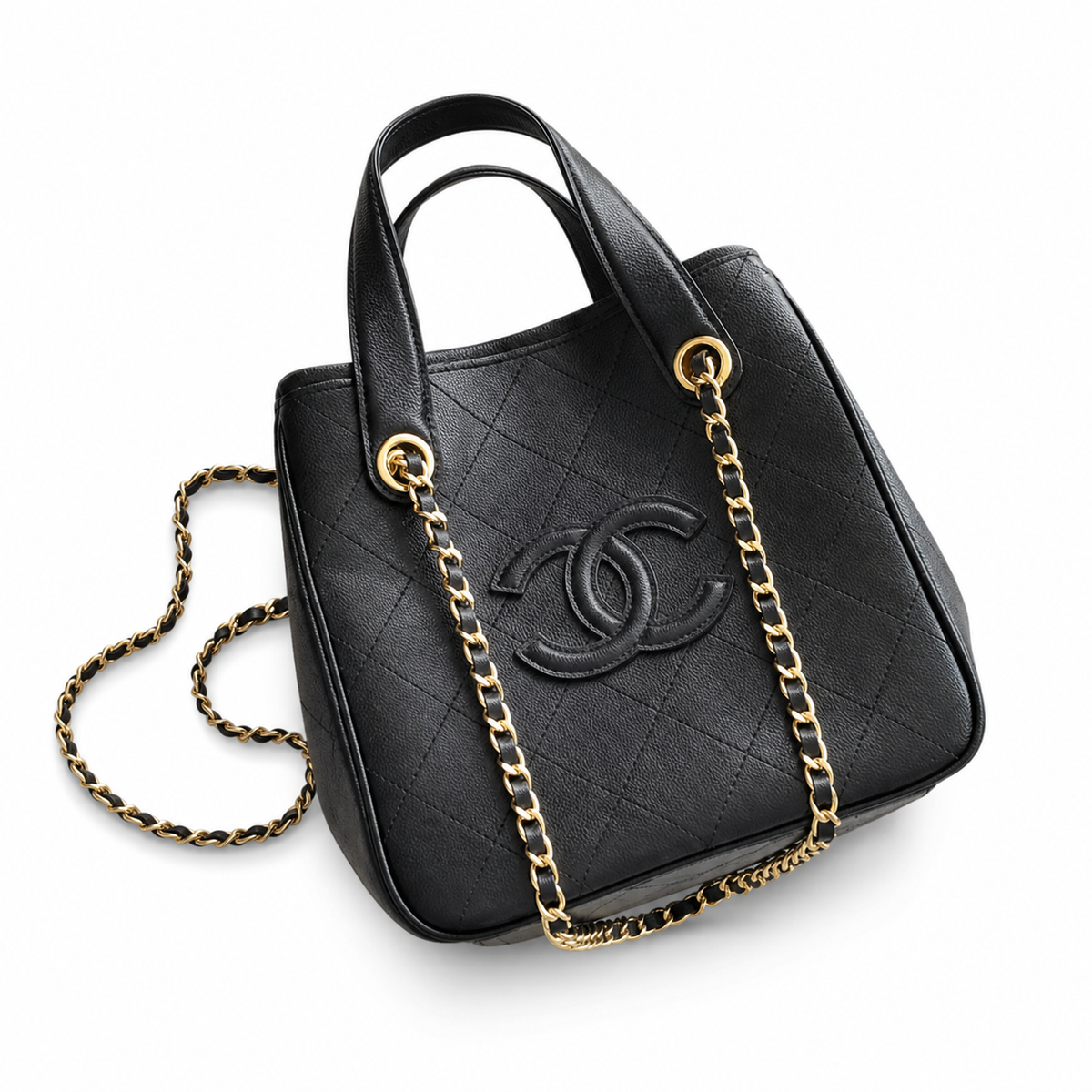 Chanel Small Shopping Tote Black Quilted Lambskin | Oversized Embossed CC & Gold Chain — 21cm