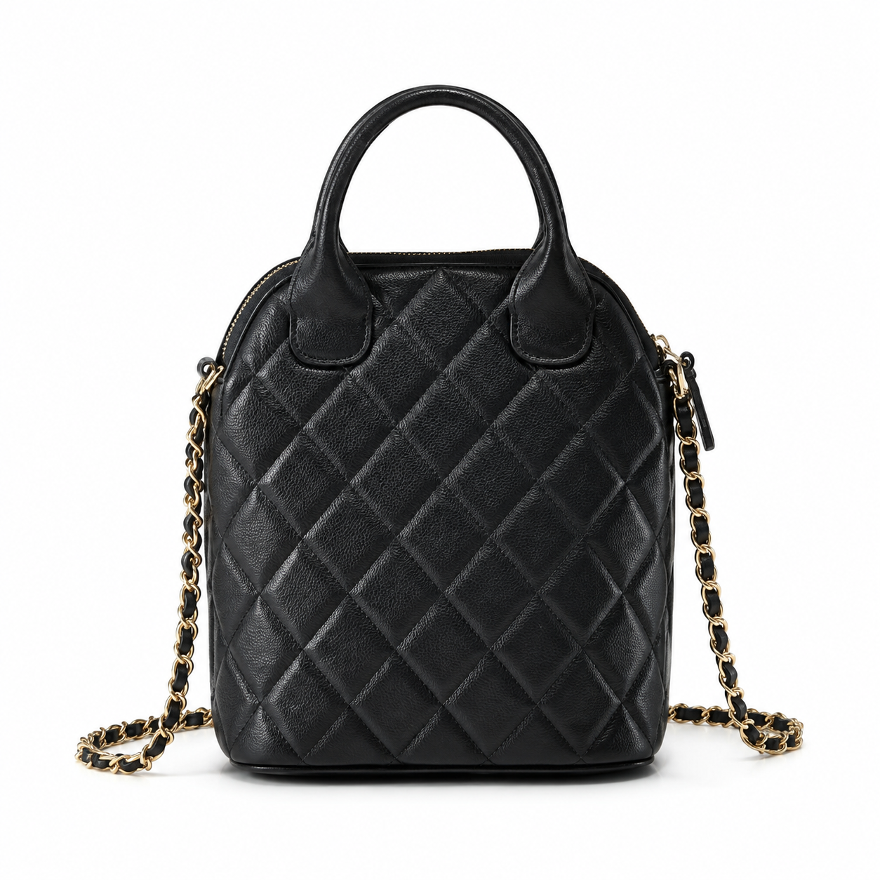 Chanel Grey Suede & Black Leather Mini Bucket Bag | Dual Round Top Handles, Gold CC Connector & Chain Strap
