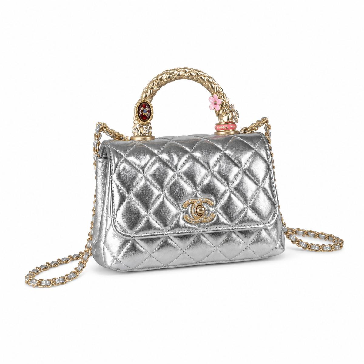 Chanel Silver Quilted Lambskin Mini Flap | Jeweled Gold Handle & Ruby Gemstone — 19cm