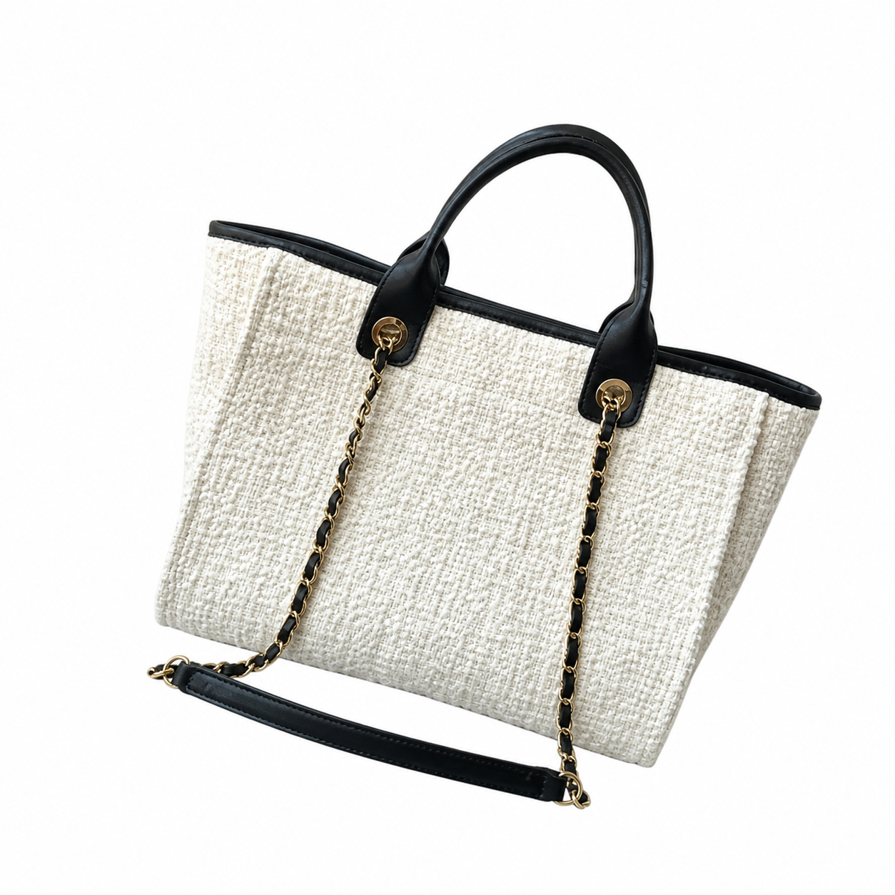 Chanel Deauville Tote Ivory Bouclé | Black Leather CHANEL CC PARIS Appliqué & Gold Chain — 33cm