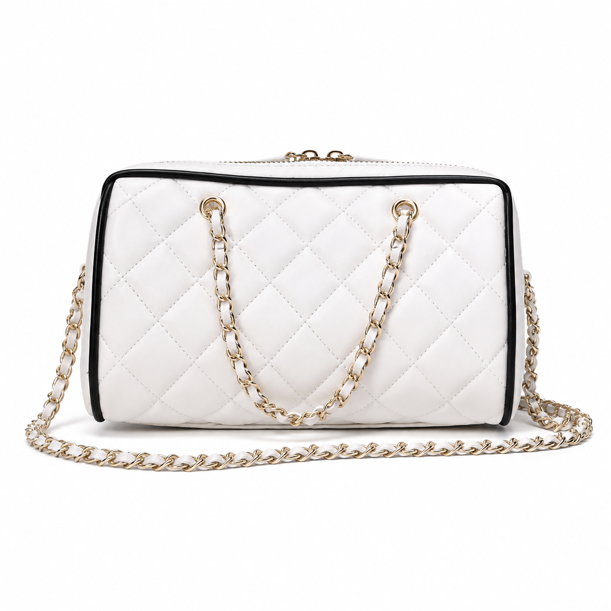 Chanel Quilted Barrel Bag | CC Logo Gold Chain White Black — 11.5x18.5cm
