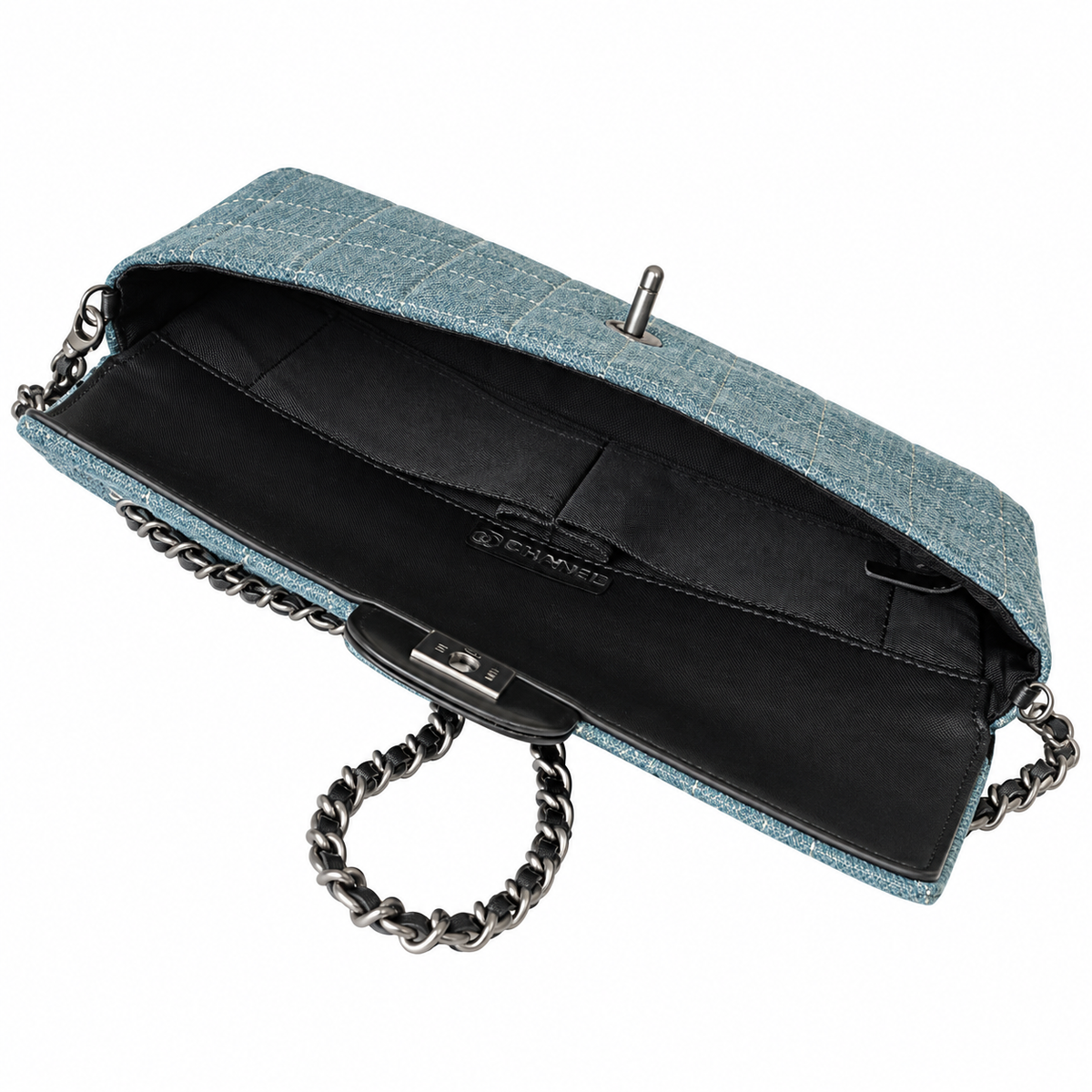 Chanel Denim Square Quilted East West Flap Bag Blue Ruthenium 26cm