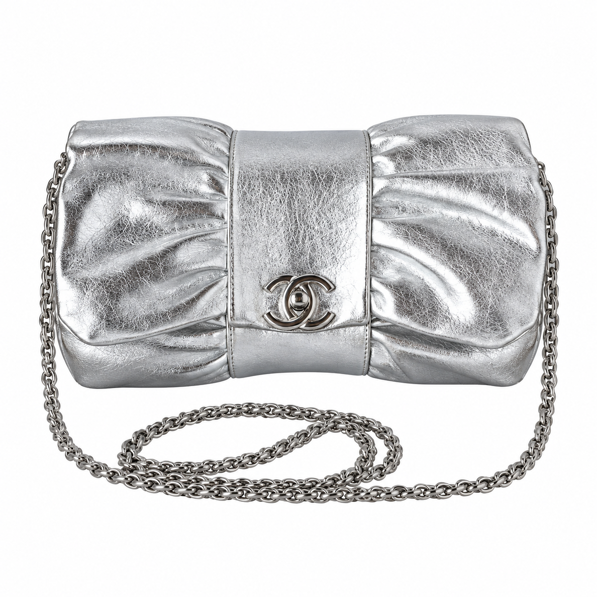 Chanel Bow Bag Ruched Metallic Crinkled Calfskin Silver 22cm