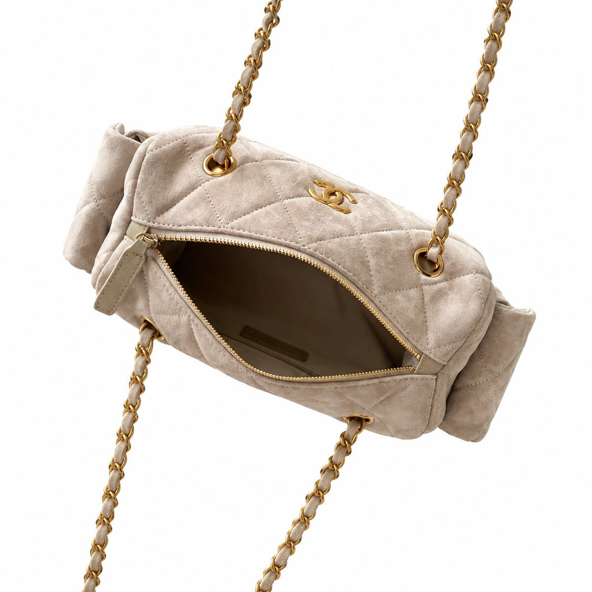 Chanel Ivory Suede Quilted Camera Bag | Gold CC, Leather Base with Dome Feet, Side Pockets & Tonal Double Chain
