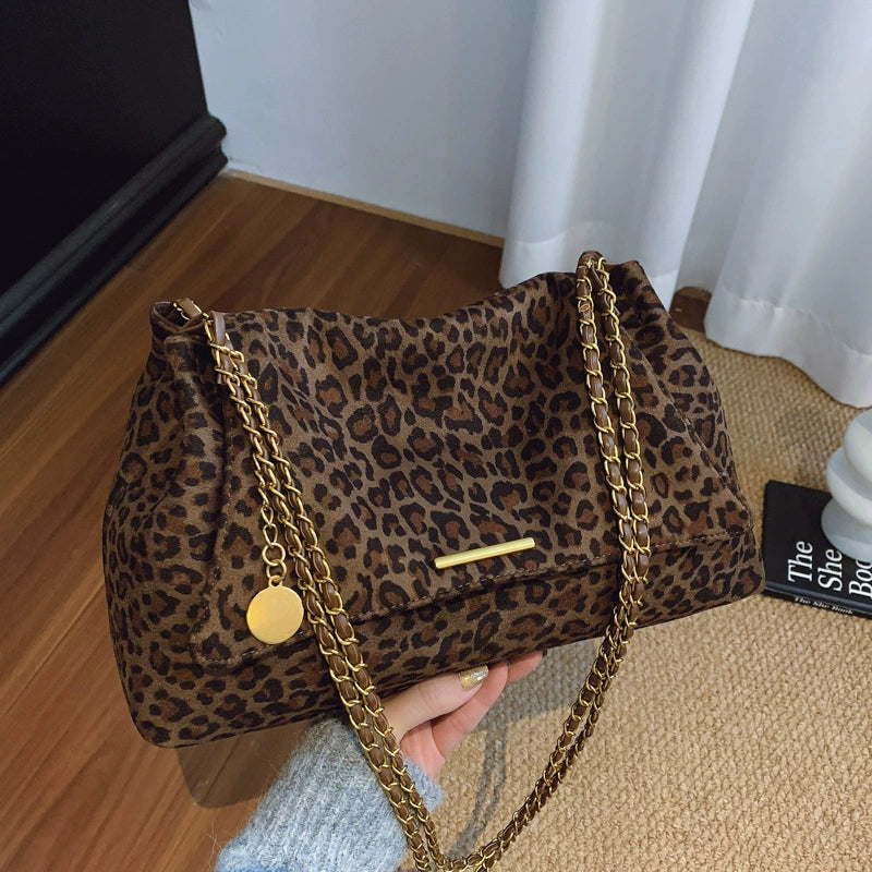 Leopard Print Suede Chain Shoulder Bag 12cm