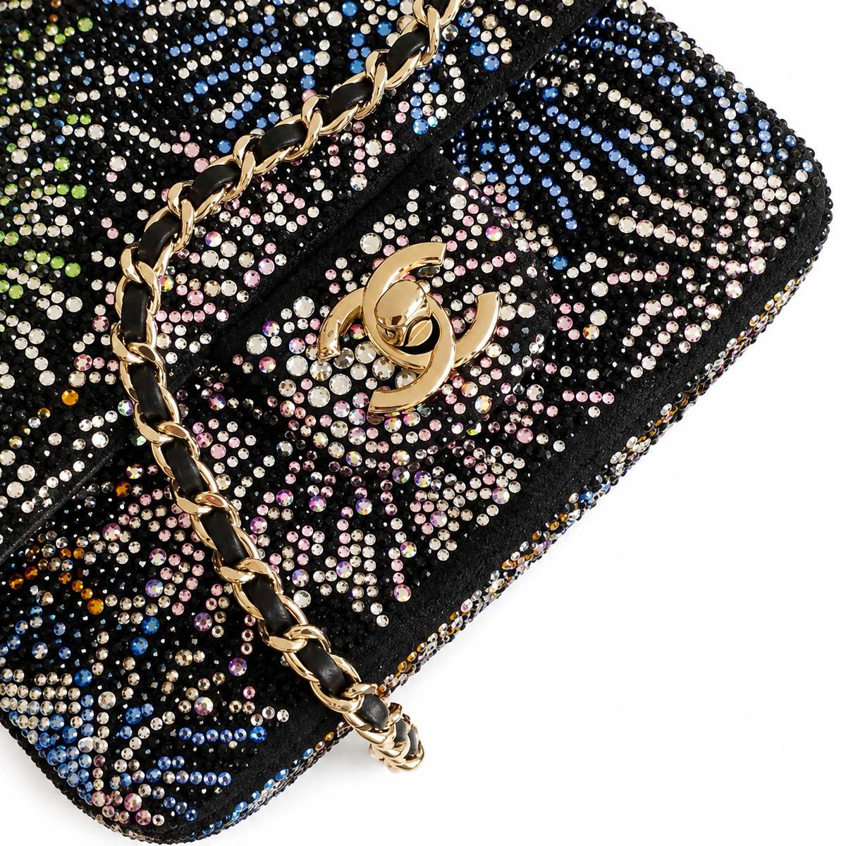 Chanel Black Suede Multicolour Crystal Rhinestone Flap Bag | Star-Field Front, Fireworks Starburst Back & Gold CC