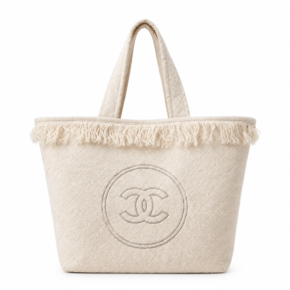 Chanel Ivory Quilted Canvas Large Fringe Tote | Oversized Tonal Embroidered CC, Open Top & Matching Mini Pouch