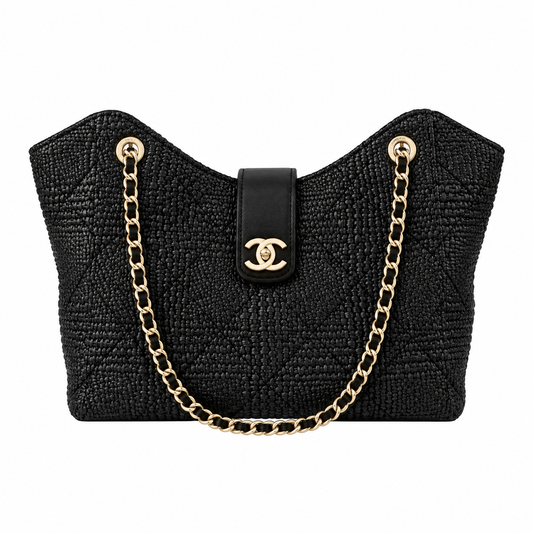Chanel Raffia Woven CC Tote Bag Black 26×40×12cm