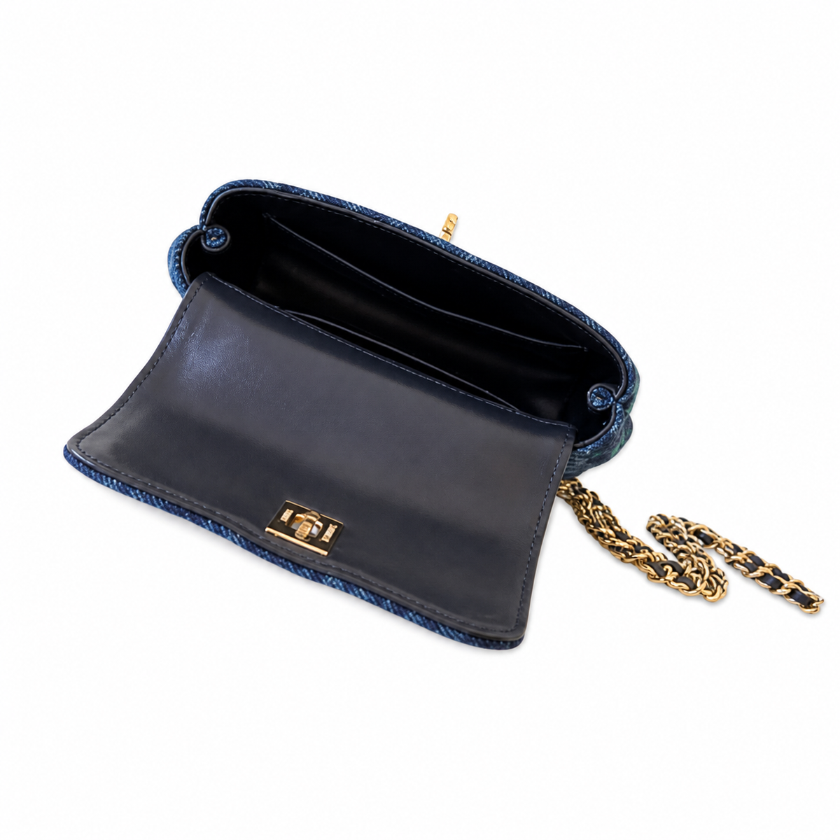 Chanel Coco Handle Quilted Denim Mini Flap | Navy & Gold Chain — 11cm