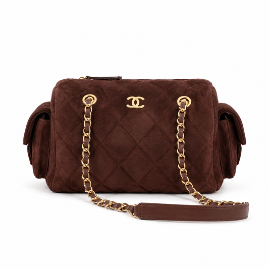 Chanel Deep Chocolate Brown Suede Quilted Camera Bag | Gold CC, Tonal Side Pockets & Double Chain with Brown Interlace