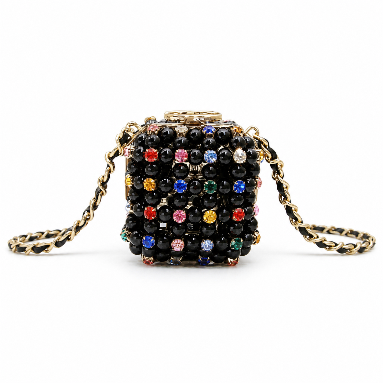 Chanel Black Pearl Minaudère Box Bag | Multicolor Rhinestones & Gold CC — 8cm