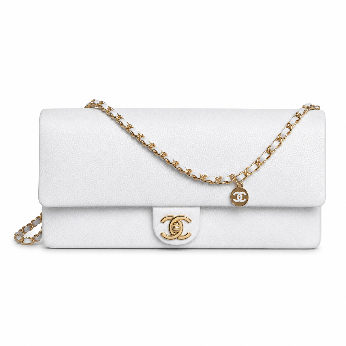 Chanel East-West Flap White Caviar | White-Surround CC Turn-Lock & Gold Coin Charm — 32.5cm