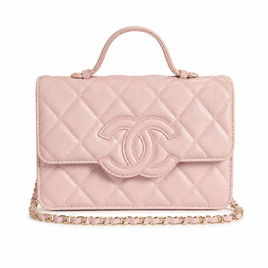 Chanel Blush Pink Aged Caviar Quilted Flap Bag | Oversized CC Logo, Top Handle & Gold Chain