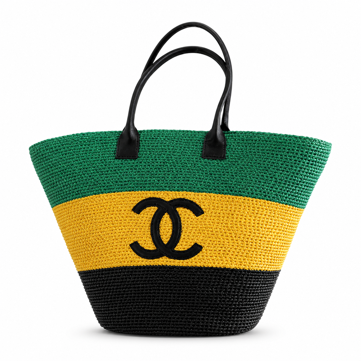 Chanel Green, Yellow & Black Raffia Market Tote | Woven CC & Leather Handles — 58cm