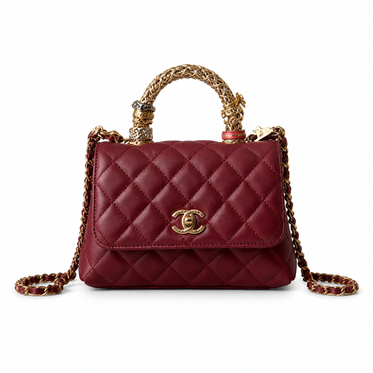 Chanel Burgundy Quilted Lambskin Mini Flap | Camellia Charm Jeweled Handle — 19cm