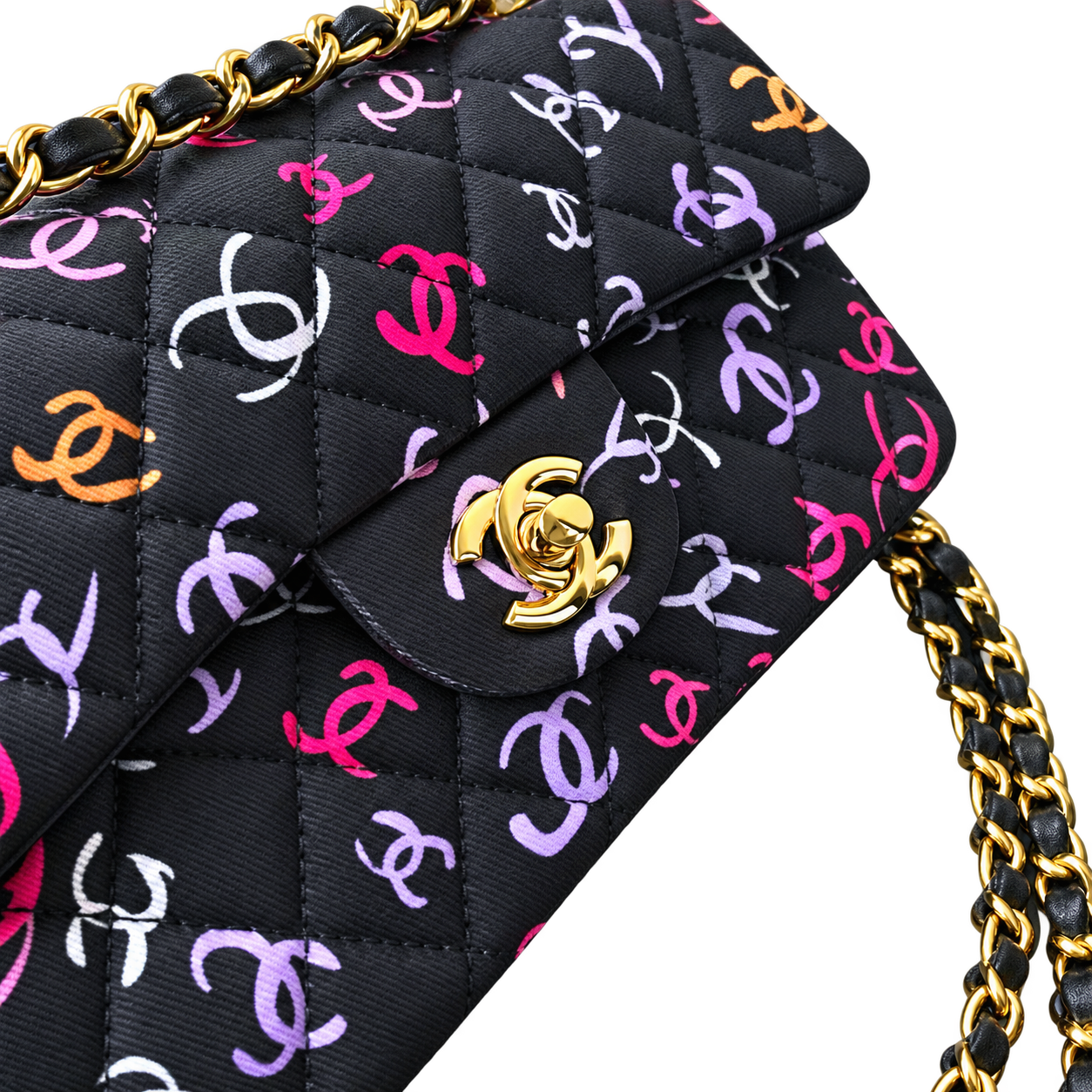 Chanel CC Print Classic Flap Bag | Black Quilted Satin — 23cm