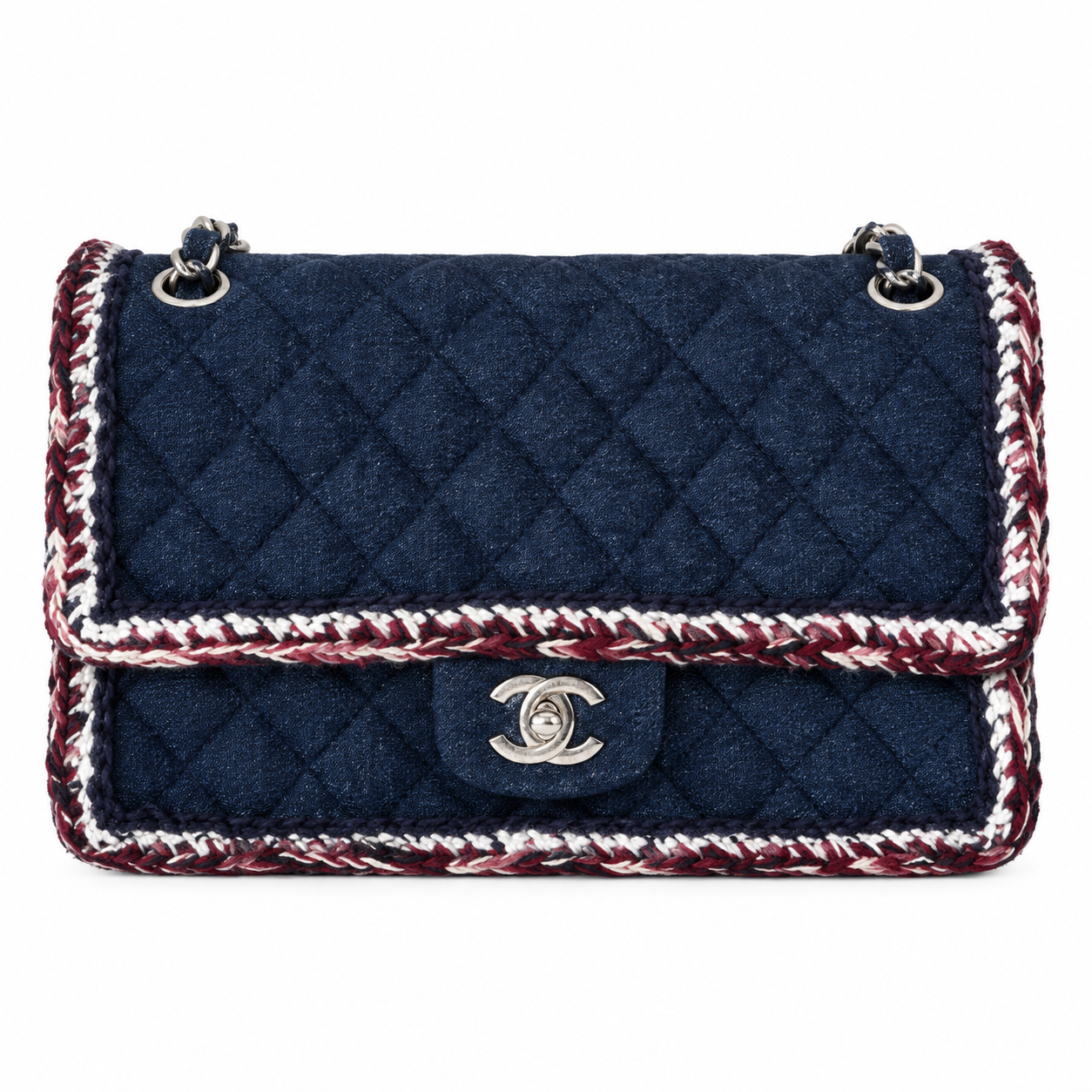 Chanel Quilted Navy Denim Flap Bag Multicolor Braid Trim 25cm