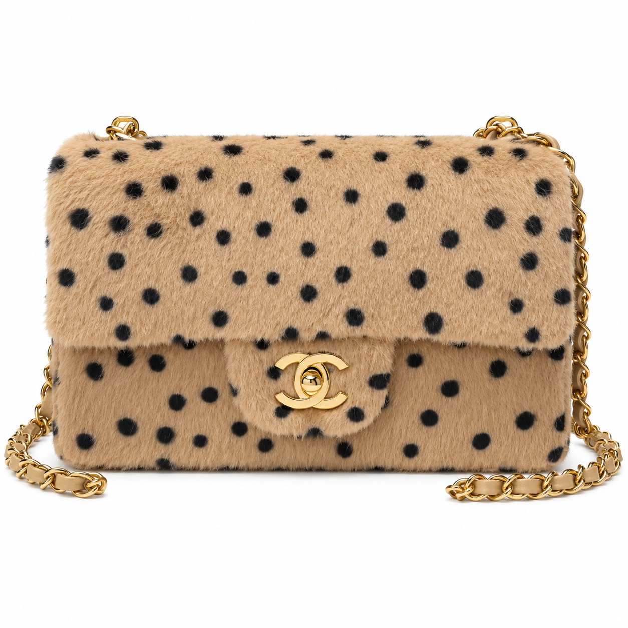 Chanel Polka Dot Shearling Mini Classic Flap Bag Beige Black 20cm