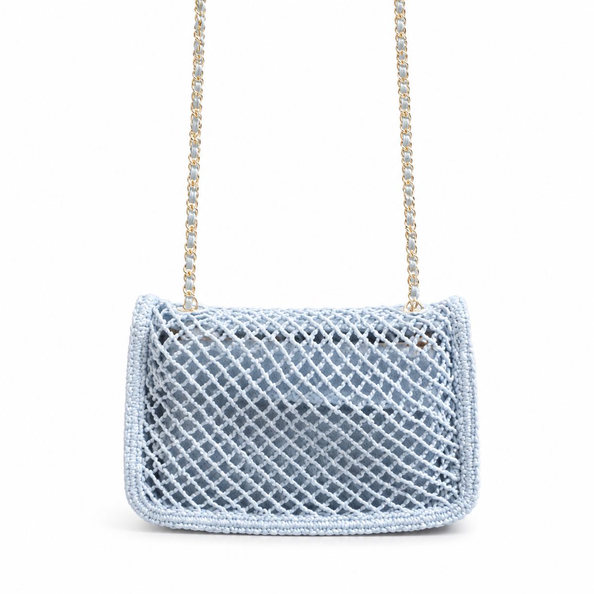 Chanel Pale Blue Open-Weave Crochet Classic Double Flap | Gold CC — 21cm