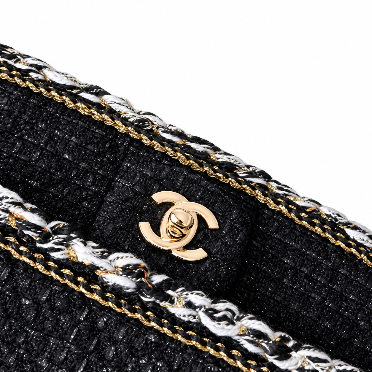 Chanel Classic Double Flap Tweed Black Gold White Trim 25cm