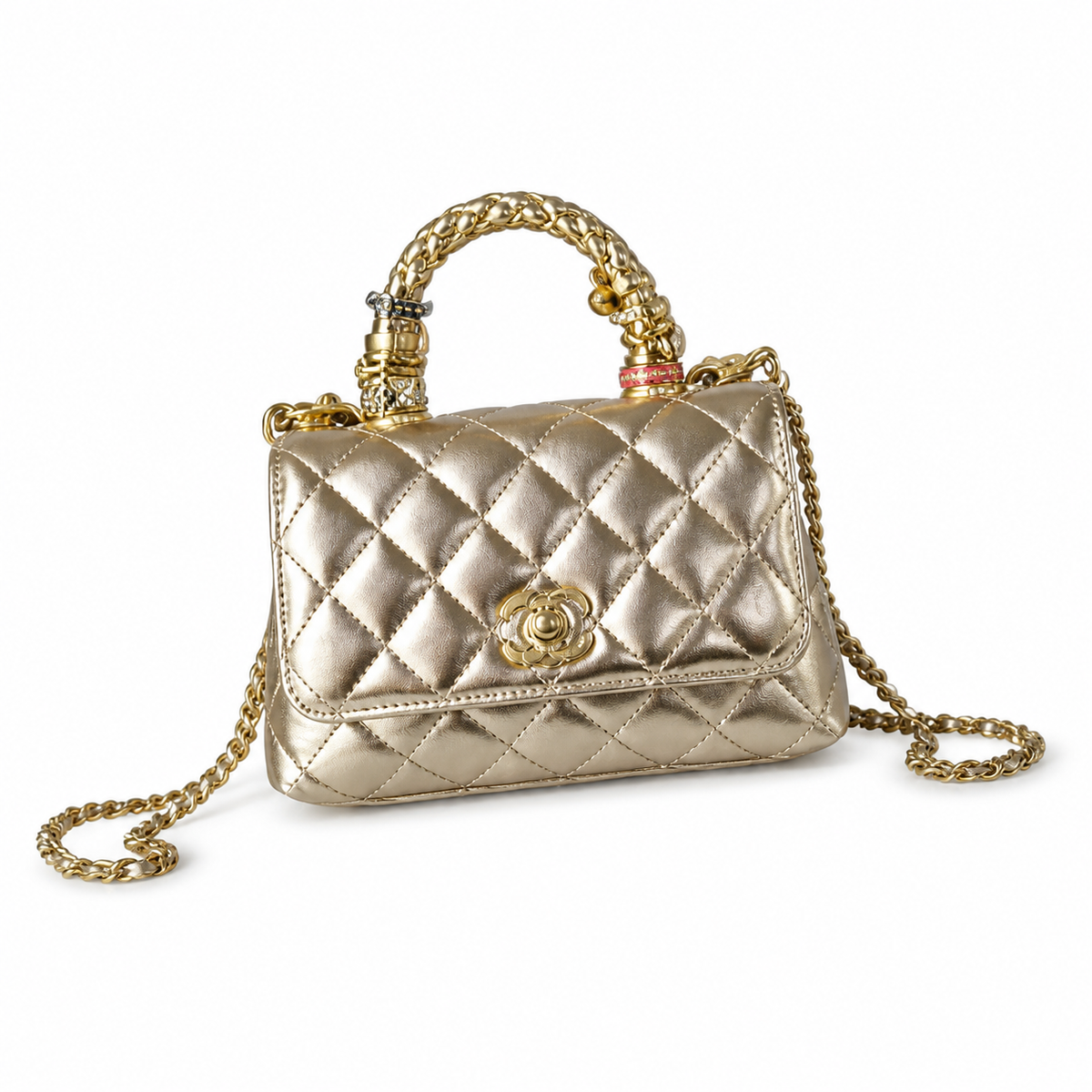 Chanel Champagne Gold Quilted Lambskin Mini Flap | Camellia Turn-Lock & Jeweled Handle — 19cm