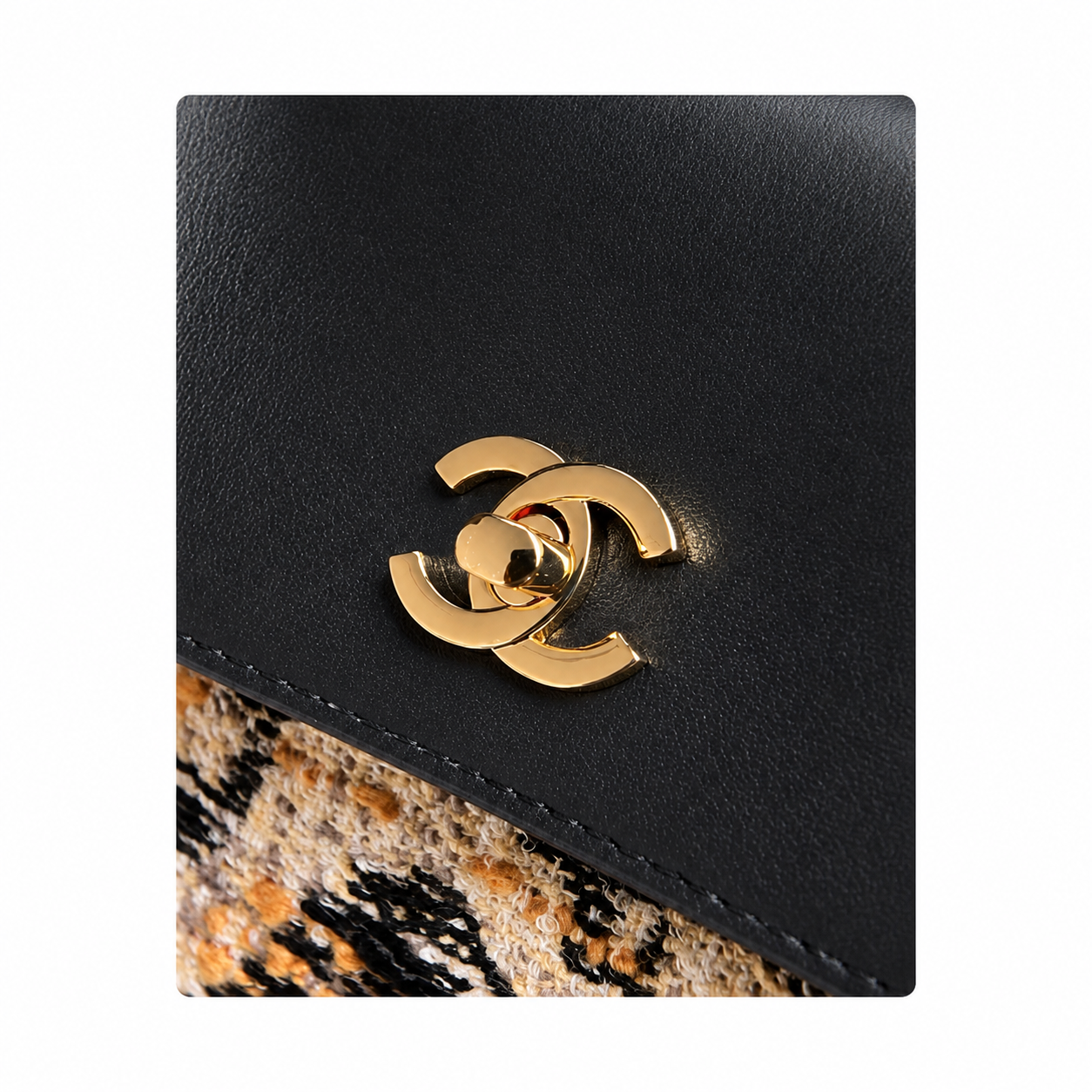 Chanel Medium Shopping Tote Abstract Camel & Black Bouclé Tweed | Detachable Leather Flap Pocket — 38cm