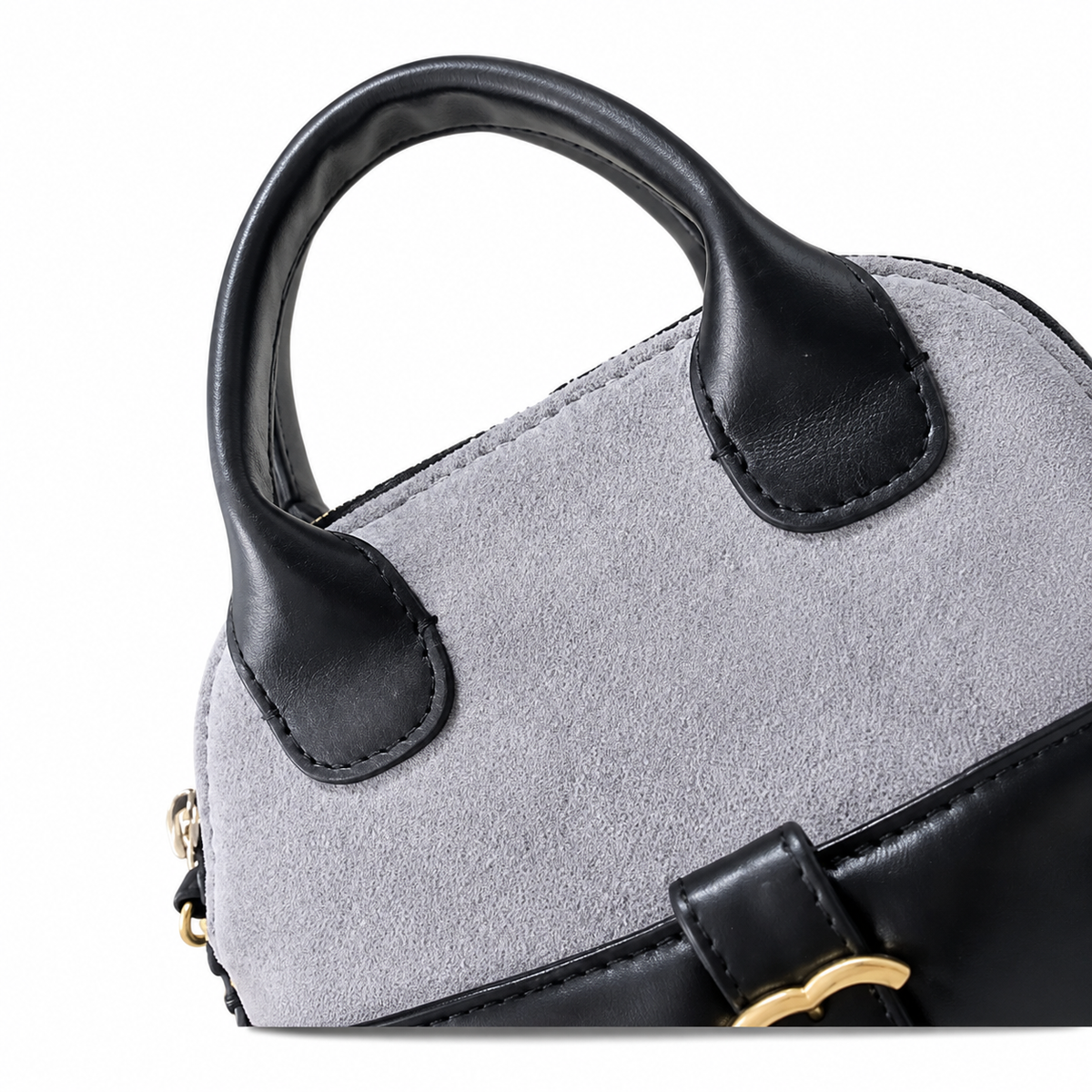 Chanel Grey Suede & Black Leather Mini Bucket Bag | Dual Round Top Handles, Gold CC Connector & Chain Strap