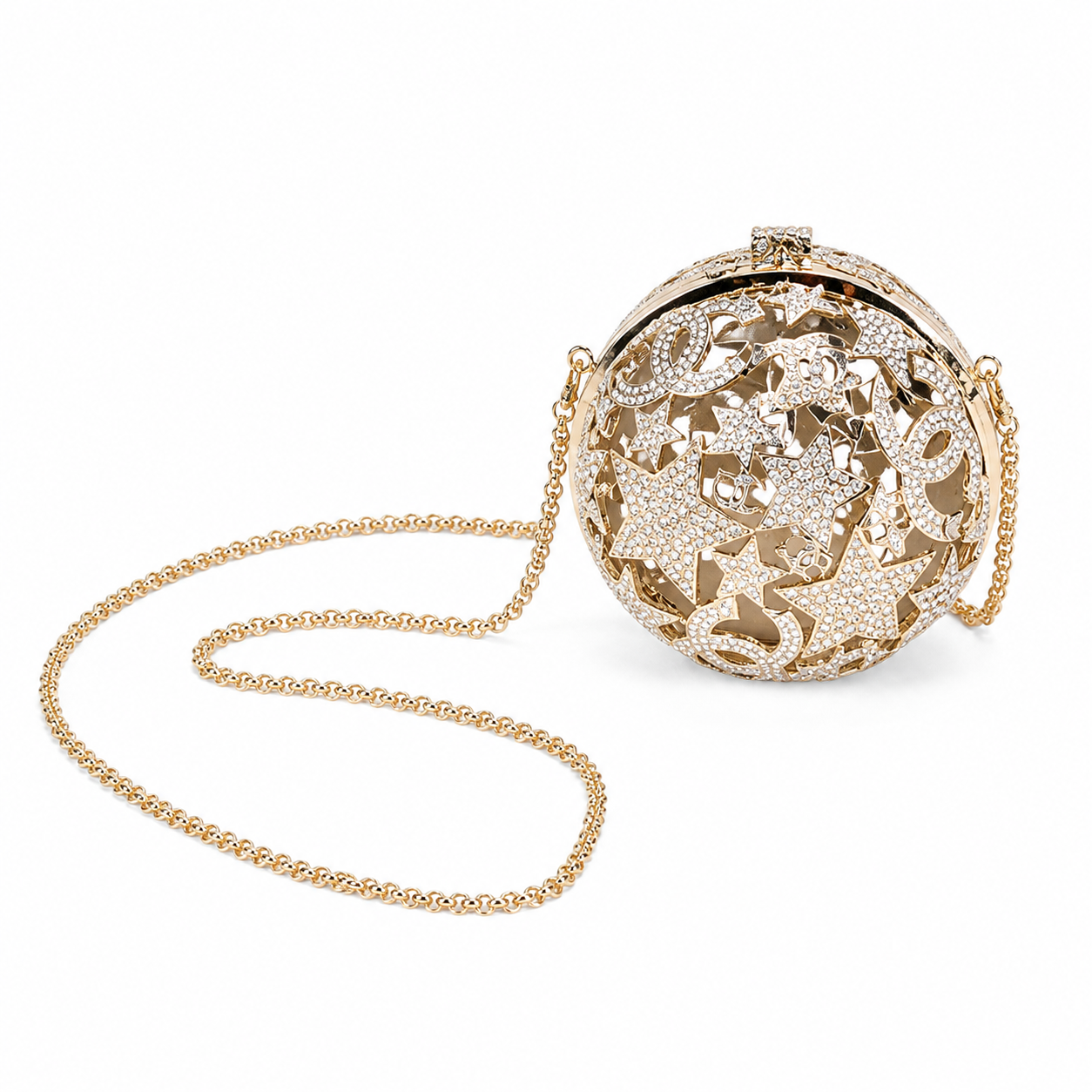 Chanel CC Crystal Star Globe Minaudiere | Gold Filigree & Chain — 13cm