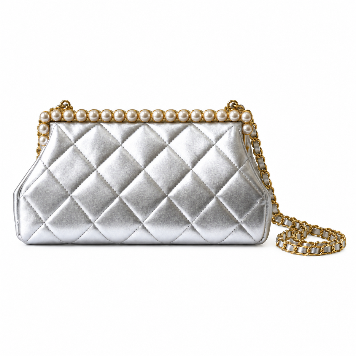 Chanel Pearl Top Frame Clutch Silver Metallic 10×20×7cm