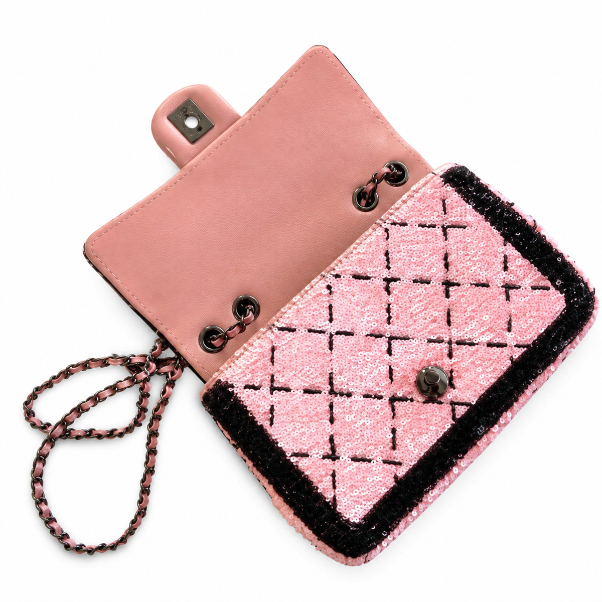 Chanel Pink Oversized Sequin Quilted Diamond Flap Bag | Black Micro-Sequin Grid & Border Frame, Gunmetal Chain
