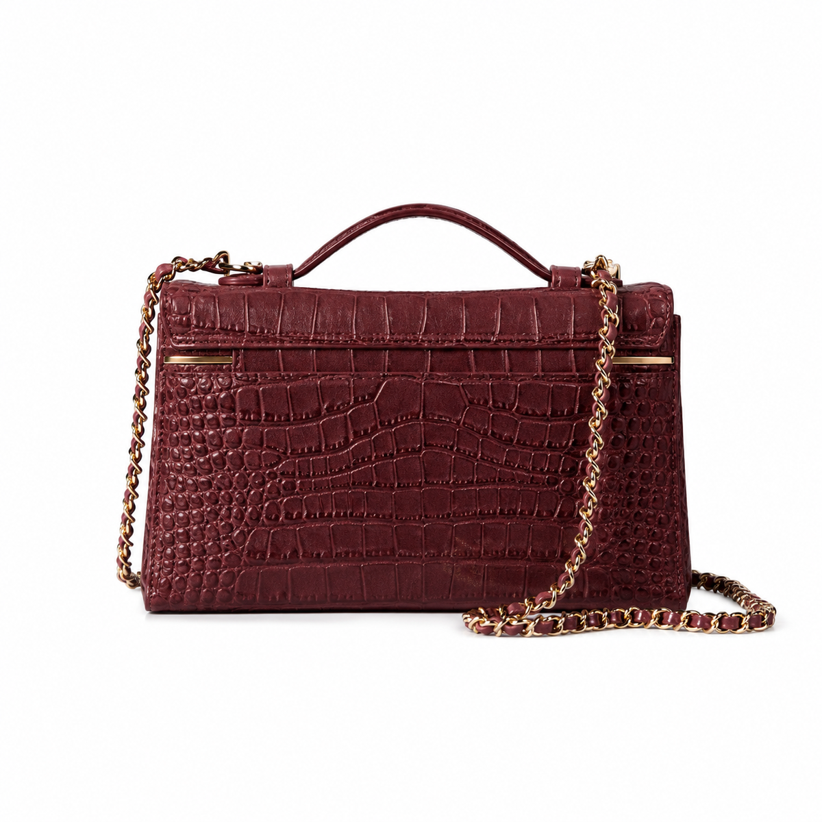 Chanel Burgundy Croc-Embossed Structured Box Bag | Full-Width Front Zip & Gold Chain