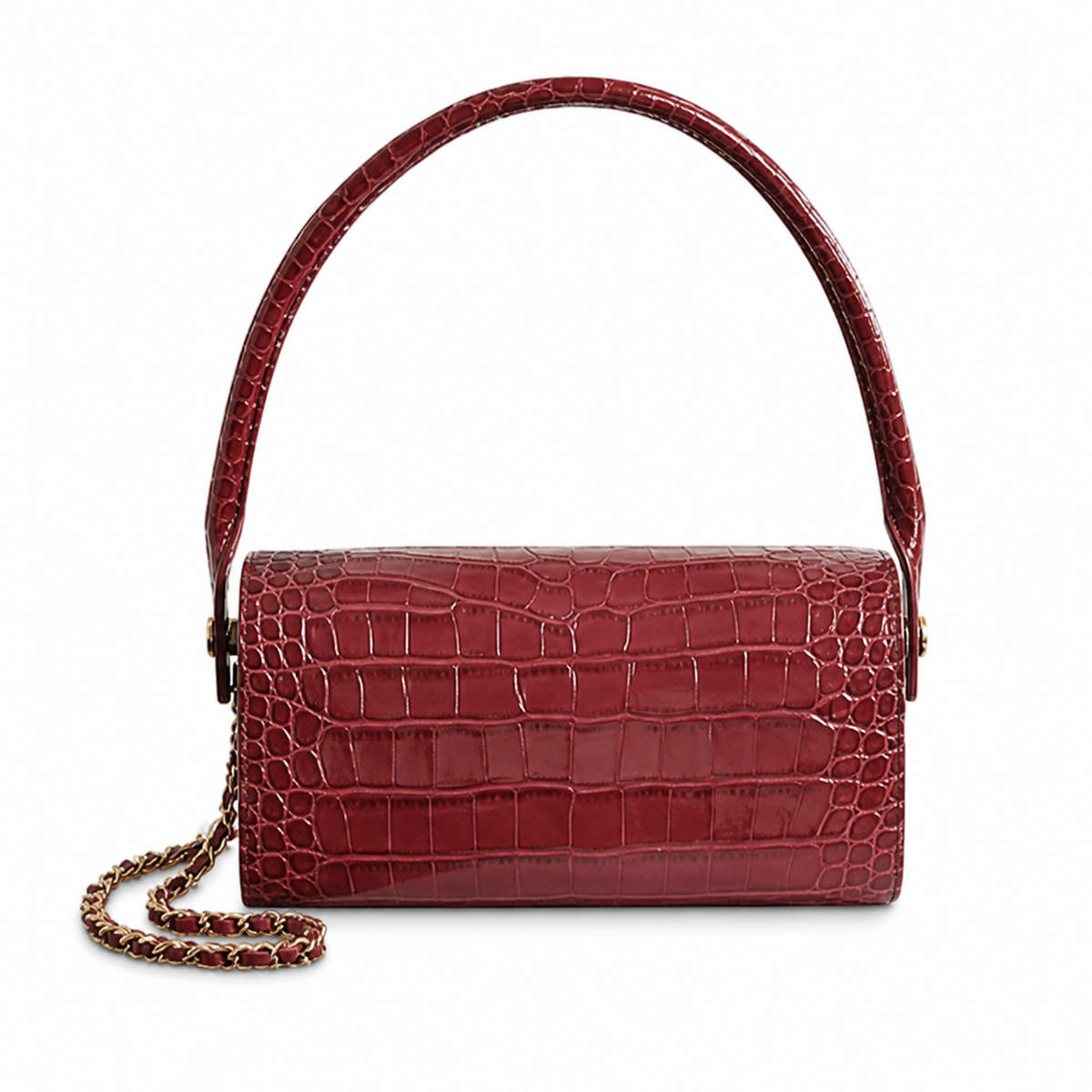 Chanel CC Croc-Embossed Cylindrical Flap Bag | Burgundy & Gold — 23cm