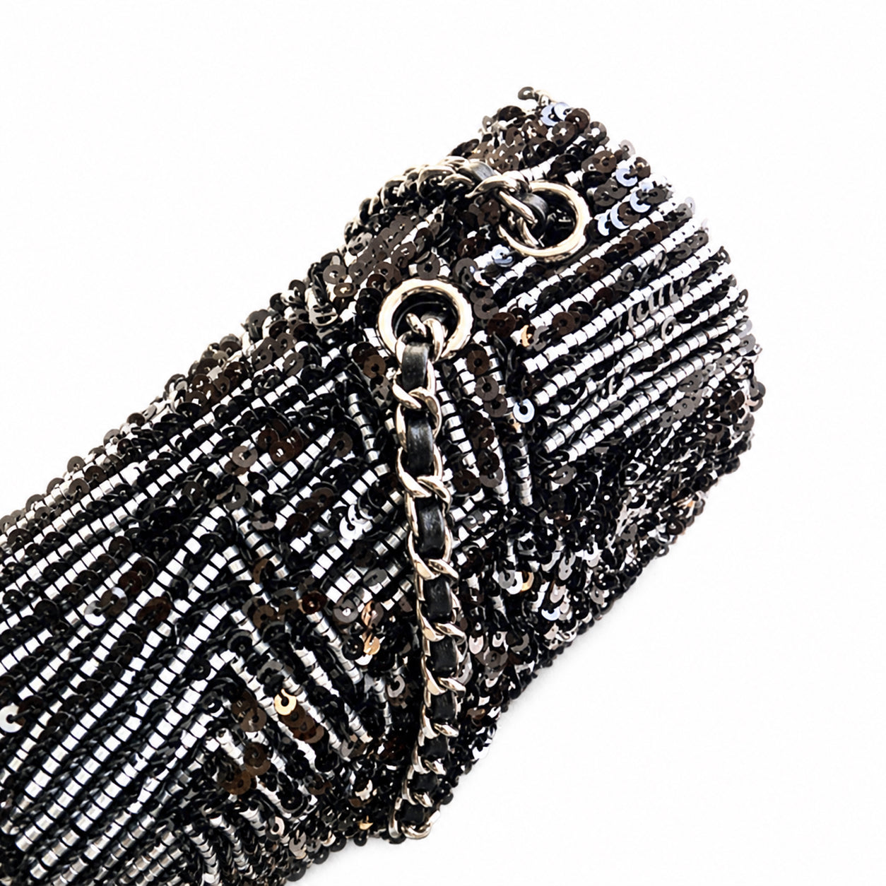 Chanel Small Flap Bag Black Micro-Bead & Sequin Hand-Embroidered Chevron | Ruthenium Chain — 20cm