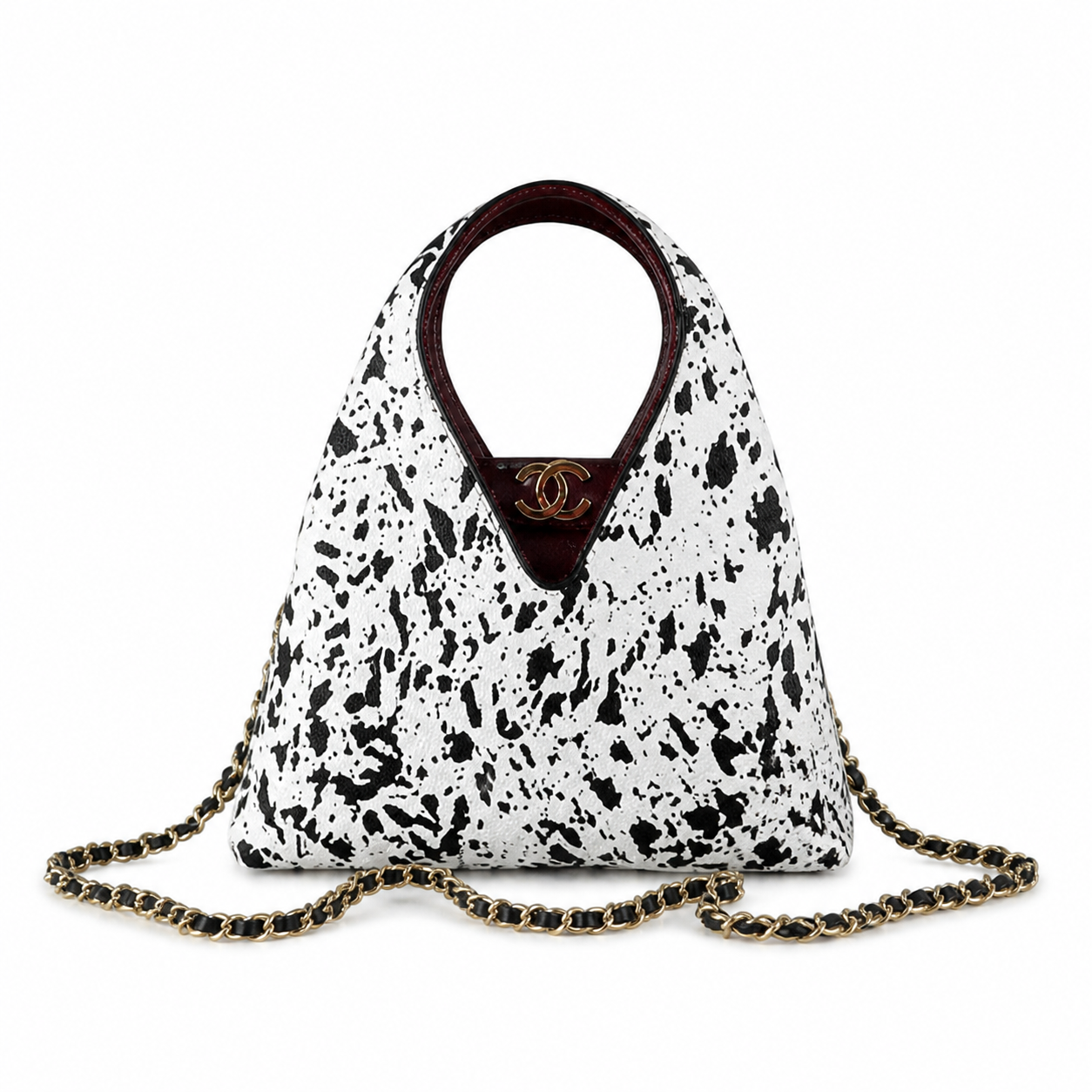 Chanel White Leather Ink-Splatter Triangle Pyramid Bag | Oxblood Handle & Interior — 23cm